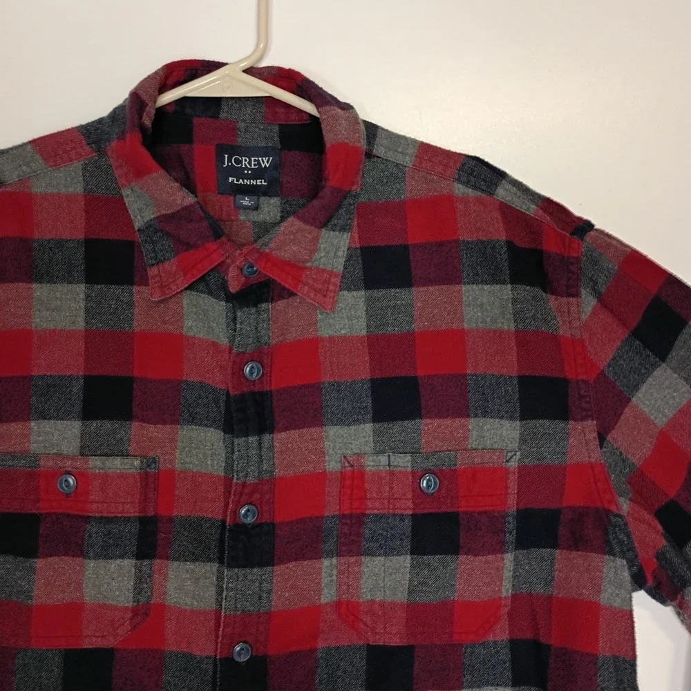 J Crew Flannel Shirt Mens Large Blue Gray Red Plaid Cotton Long Sleeve‎ Pockets